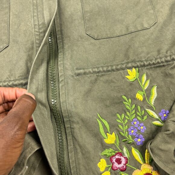Boston Proper Zip Jacket Military Floral Embroidered Utility Green Festival XS - Picture 3 of 10